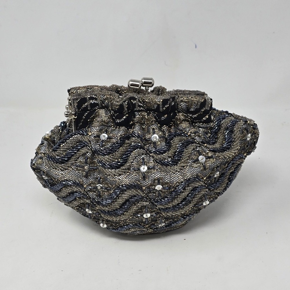 Vtg beaded crossbody purse clutch women gold black evening bag Art Deco Gatsby